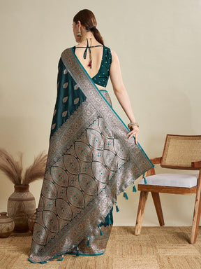 Women Dark Green Woven Saree with Silver Zari Border