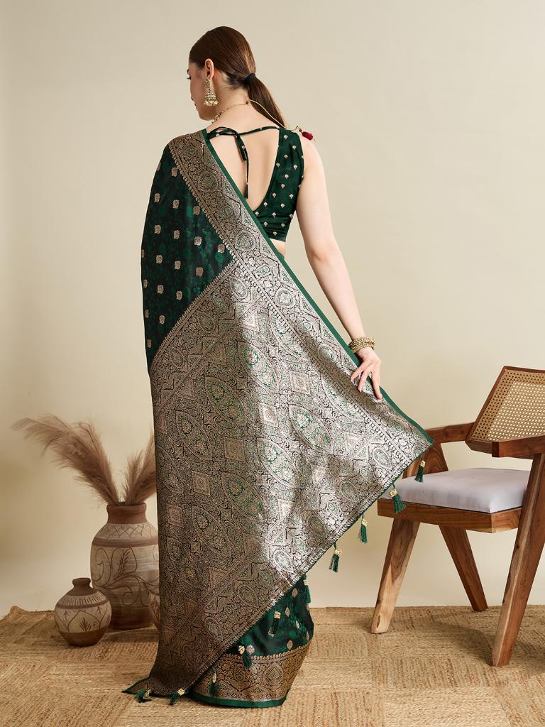 Women Dark Green Woven Saree with Silver Zari Border