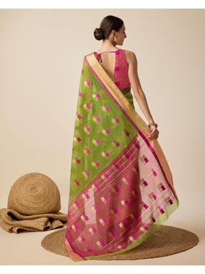 Women’s Green Silk Saree with Golden Border