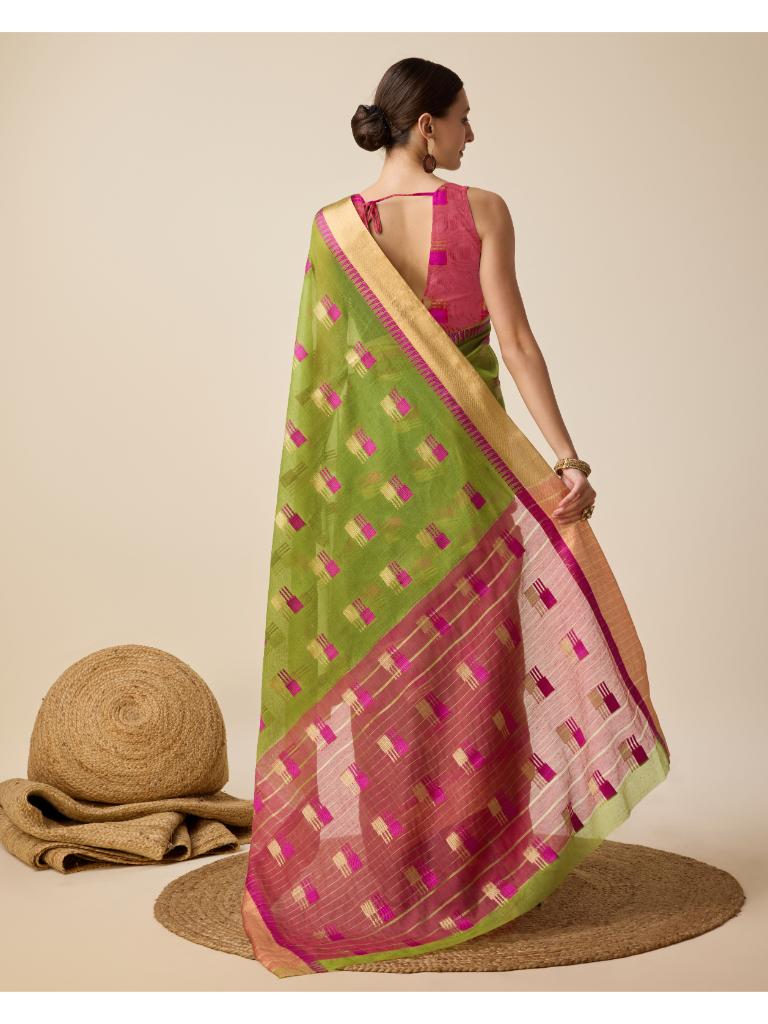 Women’s Green Silk Saree with Golden Border