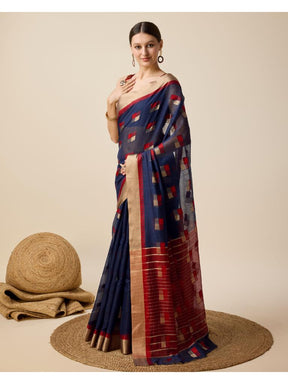 Women’s Navy Blue Silk Saree with Golden Border