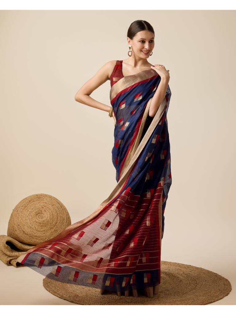 Women’s Navy Blue Silk Saree with Golden Border