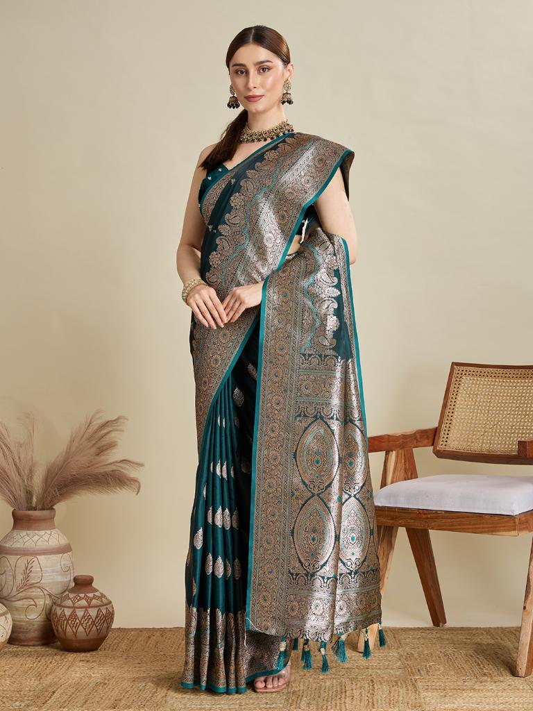 Women Dark Green Woven Saree with Silver Zari Border