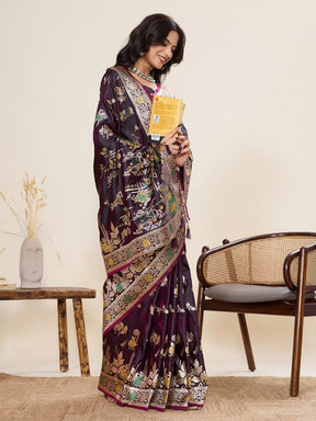 Women Violate Floral Woven Saree with Zari Border Traditional Ethnic Party Wear