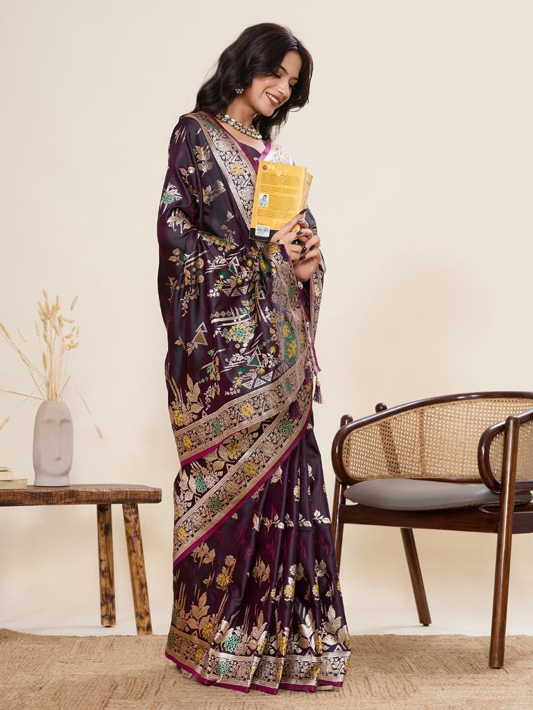 Women Violate Floral Woven Saree with Zari Border Traditional Ethnic Party Wear