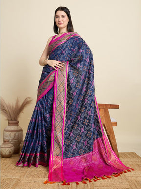 Women Navy Blue Woven Saree with Pink Zari Border