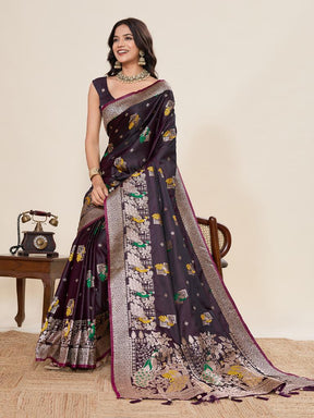 Women’s Violate Silk Saree with Woven Peacock Design