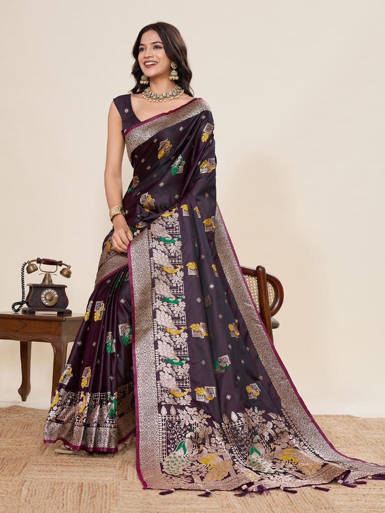 Women’s Violate Silk Saree with Woven Peacock Design