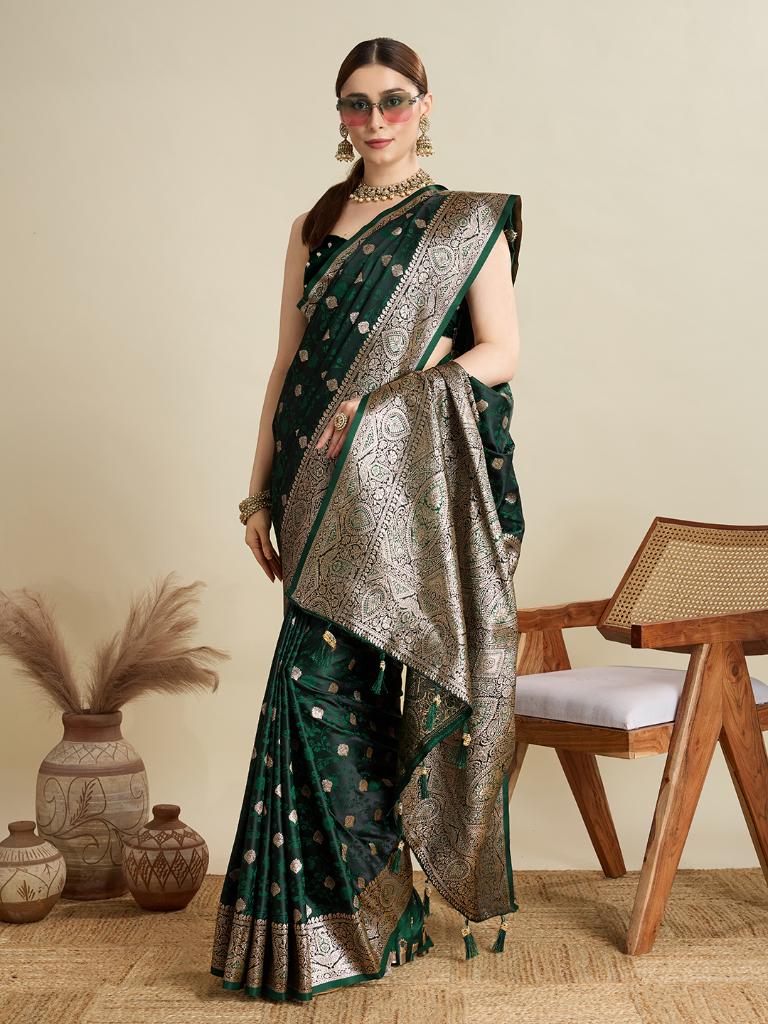 Women Dark Green Woven Saree with Silver Zari Border