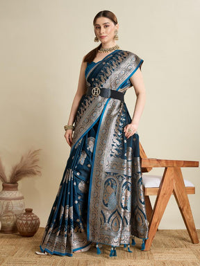 Women Teal Blue Woven Saree with Silver Zari Border
