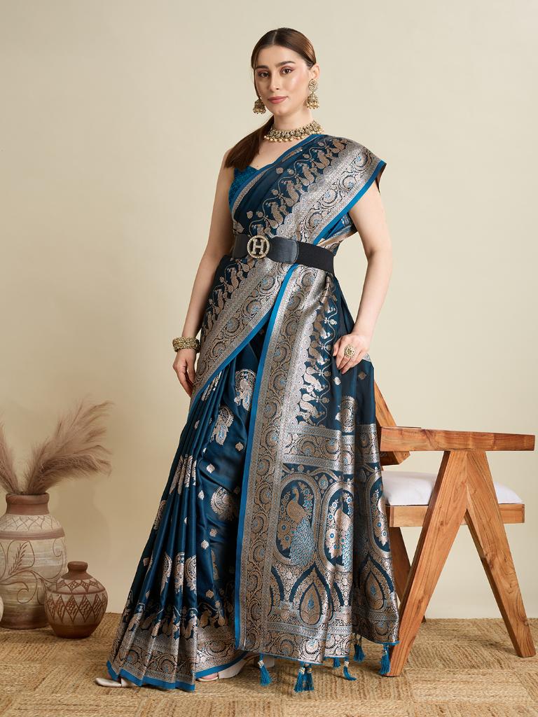 Women Teal Blue Woven Saree with Silver Zari Border