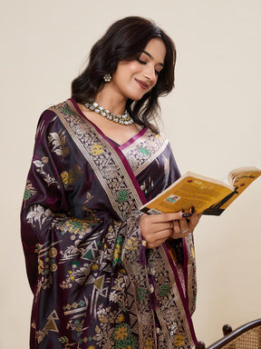 Women Violate Floral Woven Saree with Zari Border Traditional Ethnic Party Wear
