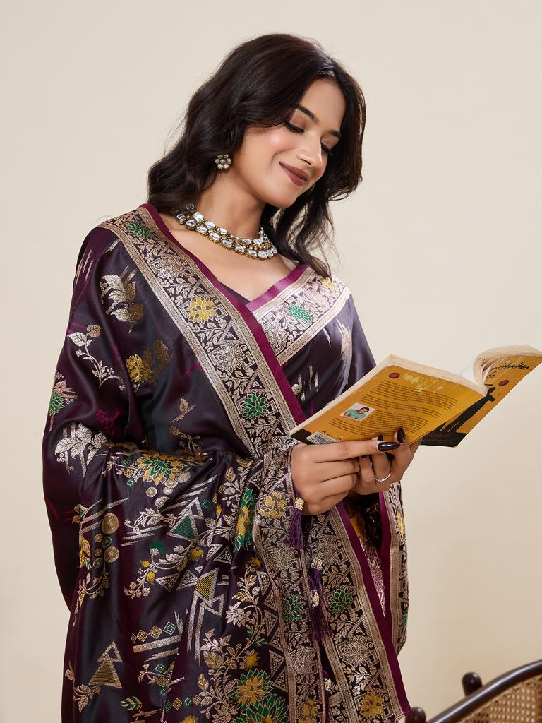 Women Violate Floral Woven Saree with Zari Border Traditional Ethnic Party Wear