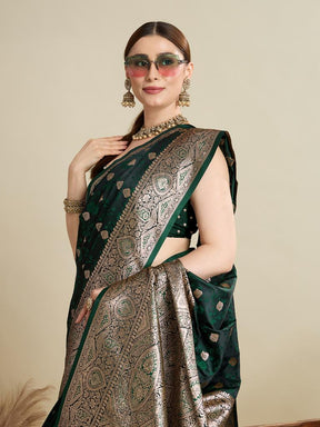 Women Dark Green Woven Saree with Silver Zari Border