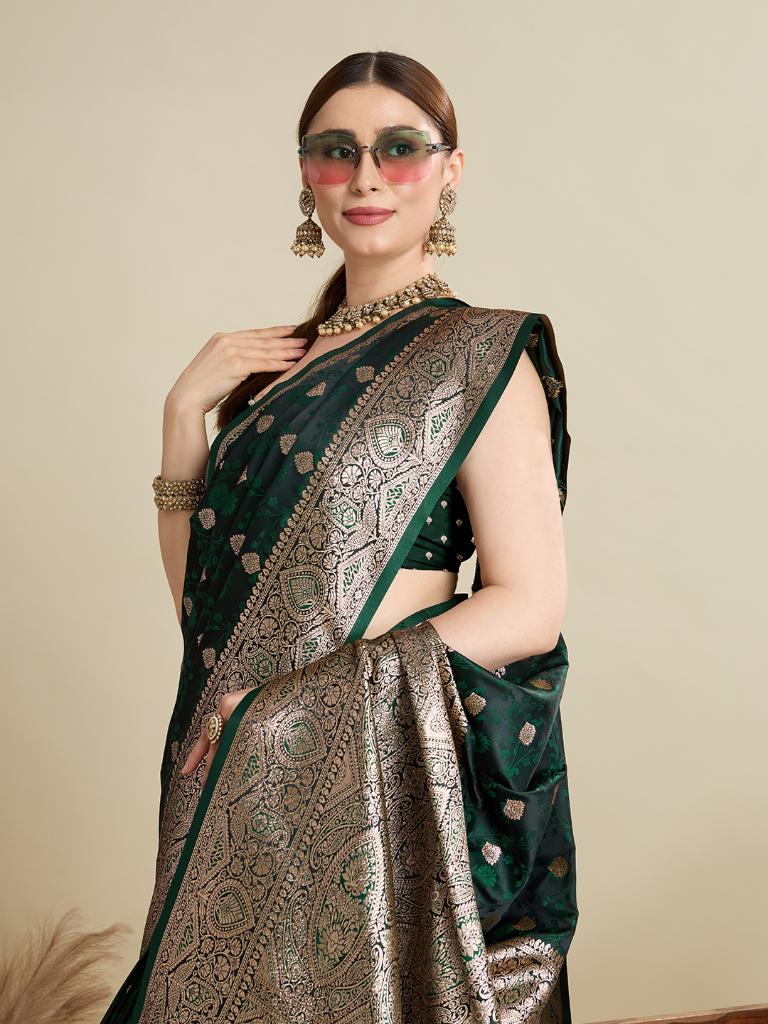 Women Dark Green Woven Saree with Silver Zari Border
