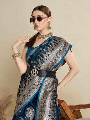 Women Teal Blue Woven Saree with Silver Zari Border