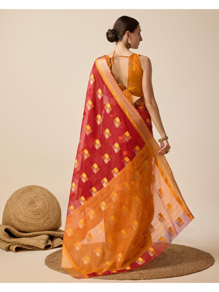 Women’s Red Silk Saree with Golden Border