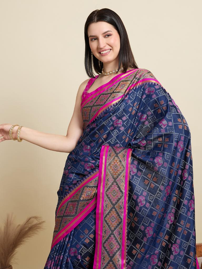 Women Navy Blue Woven Saree with Pink Zari Border