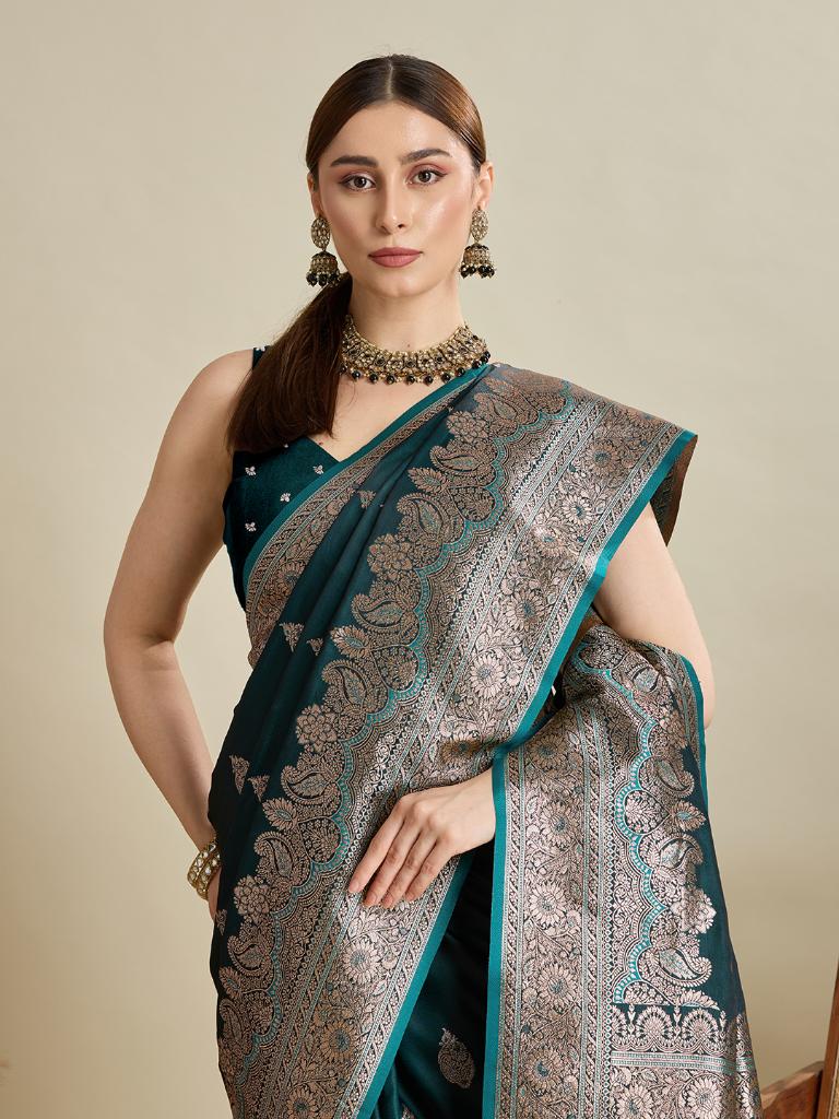 Women Dark Green Woven Saree with Silver Zari Border