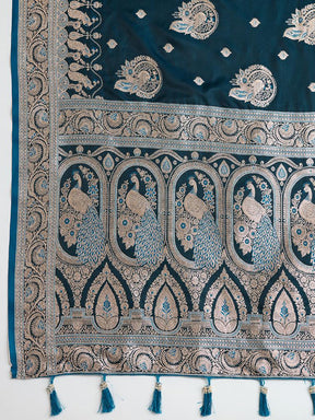 Women Teal Blue Woven Saree with Silver Zari Border