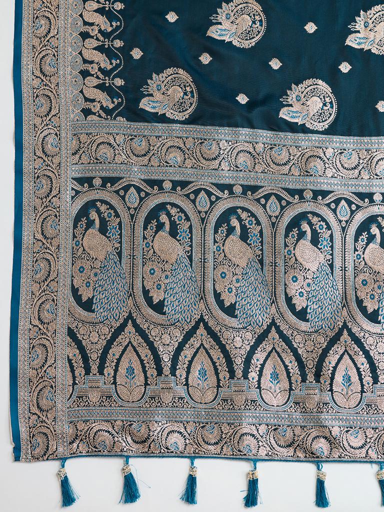 Women Teal Blue Woven Saree with Silver Zari Border