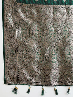 Women Dark Green Woven Saree with Silver Zari Border