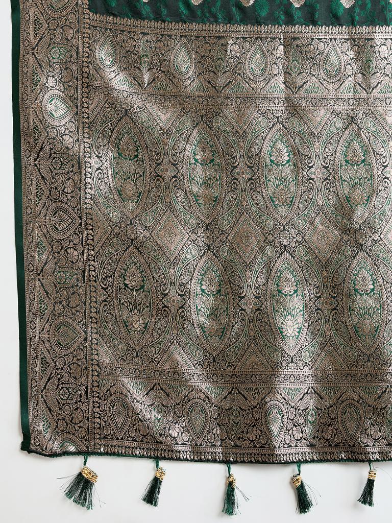Women Dark Green Woven Saree with Silver Zari Border