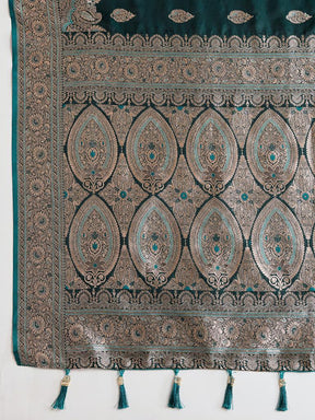Women Dark Green Woven Saree with Silver Zari Border