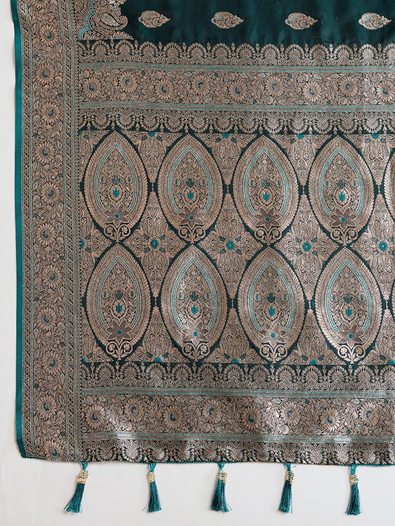 Women Dark Green Woven Saree with Silver Zari Border