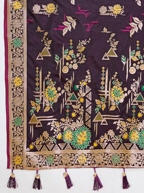 Women Violate Floral Woven Saree with Zari Border Traditional Ethnic Party Wear