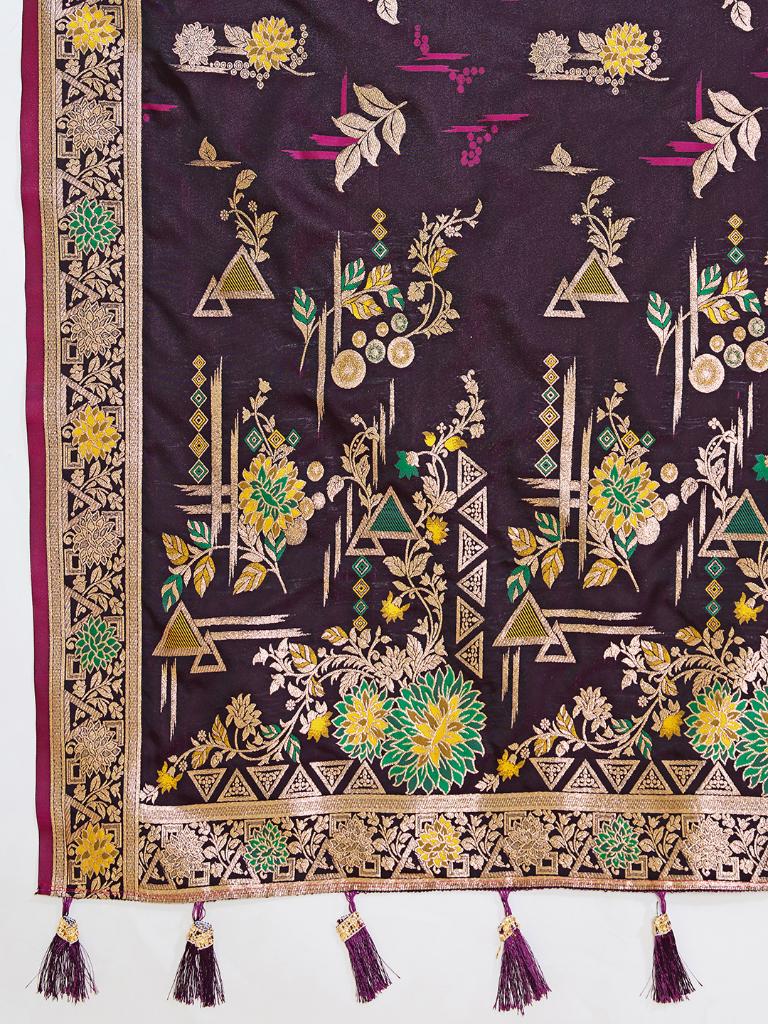 Women Violate Floral Woven Saree with Zari Border Traditional Ethnic Party Wear