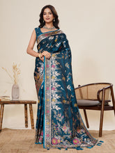 Women Teal Floral Woven Saree with Zari Border Traditional Ethnic Party Wear 