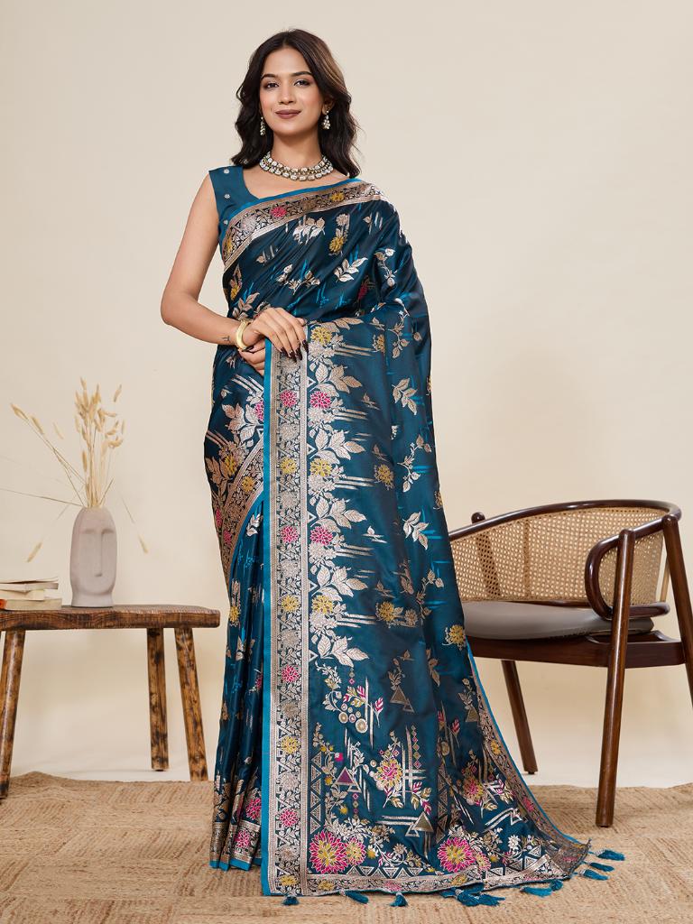 Women Teal Floral Woven Saree with Zari Border Traditional Ethnic Party Wear 