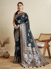 Women Navy Blue Woven Saree with Silver Zari Border