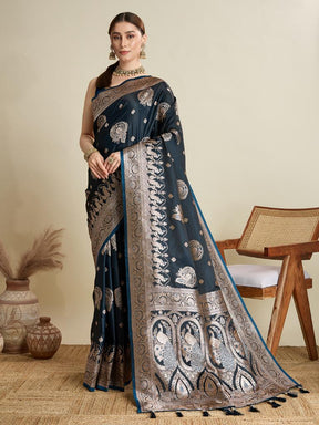 Women Navy Blue Woven Saree with Silver Zari Border