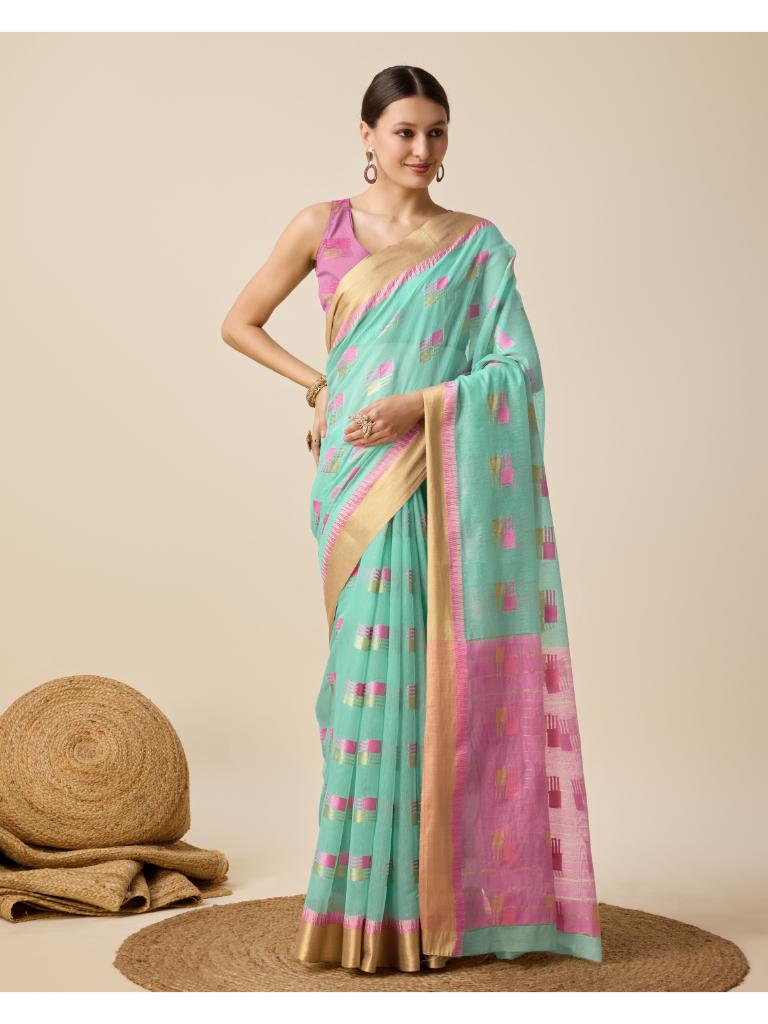 Women’s Sky Silk Saree with Golden Border 