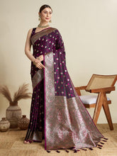 Women Purple Woven Saree with Silver Zari Border 