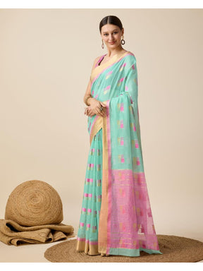 Women’s Sky Silk Saree with Golden Border