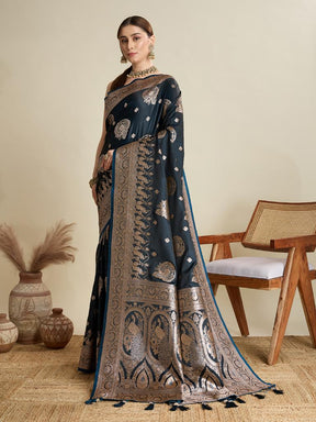 Women Navy Blue Woven Saree with Silver Zari Border