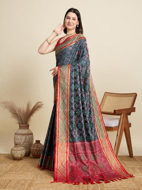 Women Grey Woven Saree with Red Zari Border