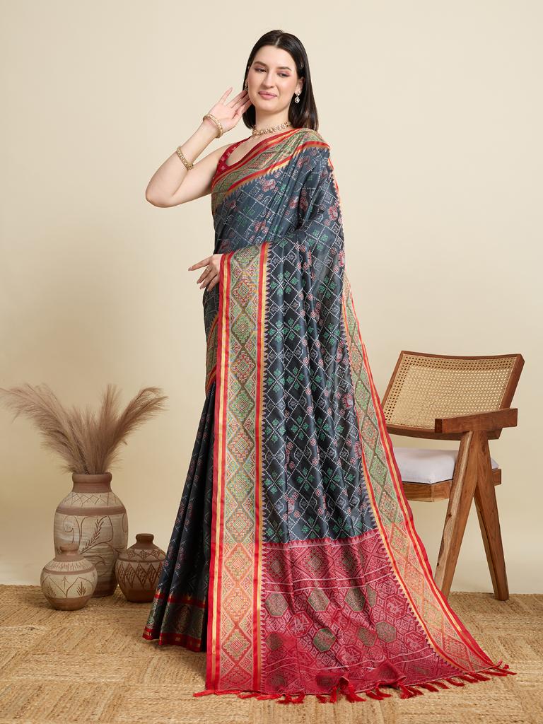 Women Grey Woven Saree with Red Zari Border
