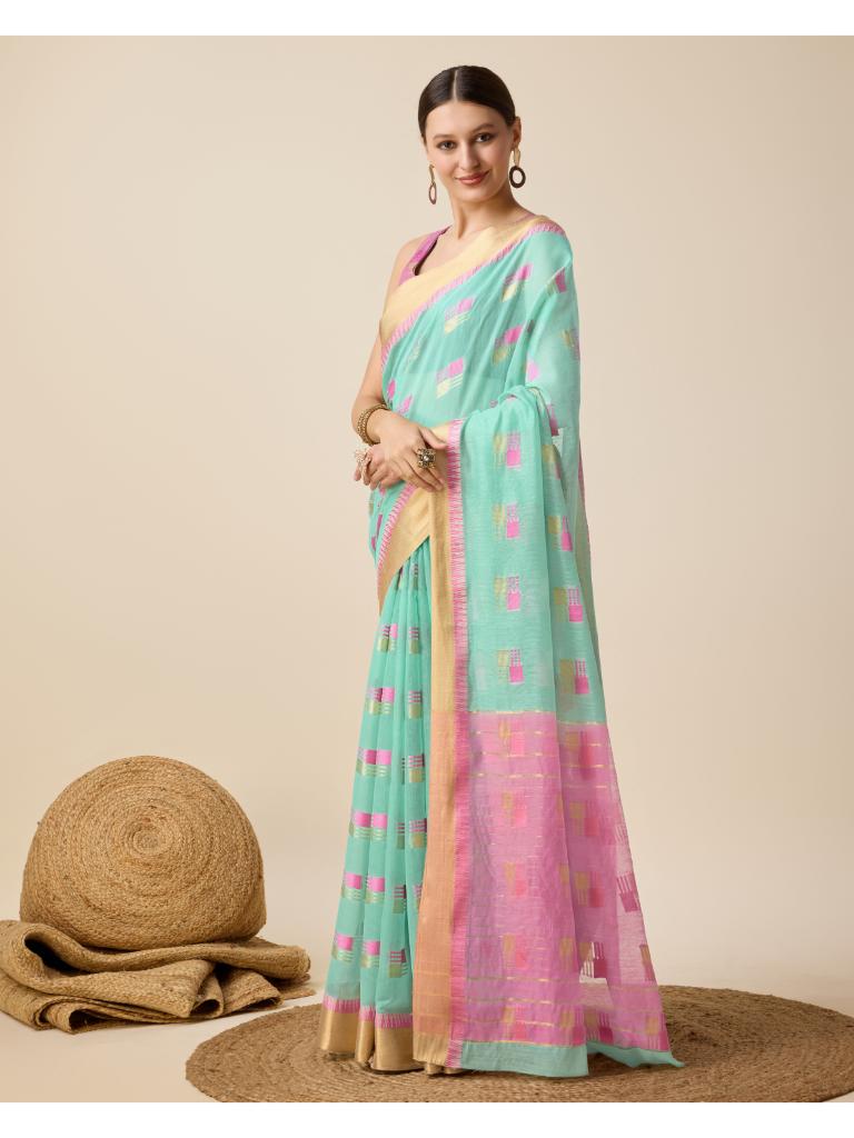 Women’s Sky Silk Saree with Golden Border