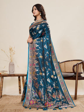 Women Teal Floral Woven Saree with Zari Border Traditional Ethnic Party Wear