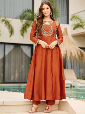 Women Rust Orange Embroidered Anarkali Kurta Set