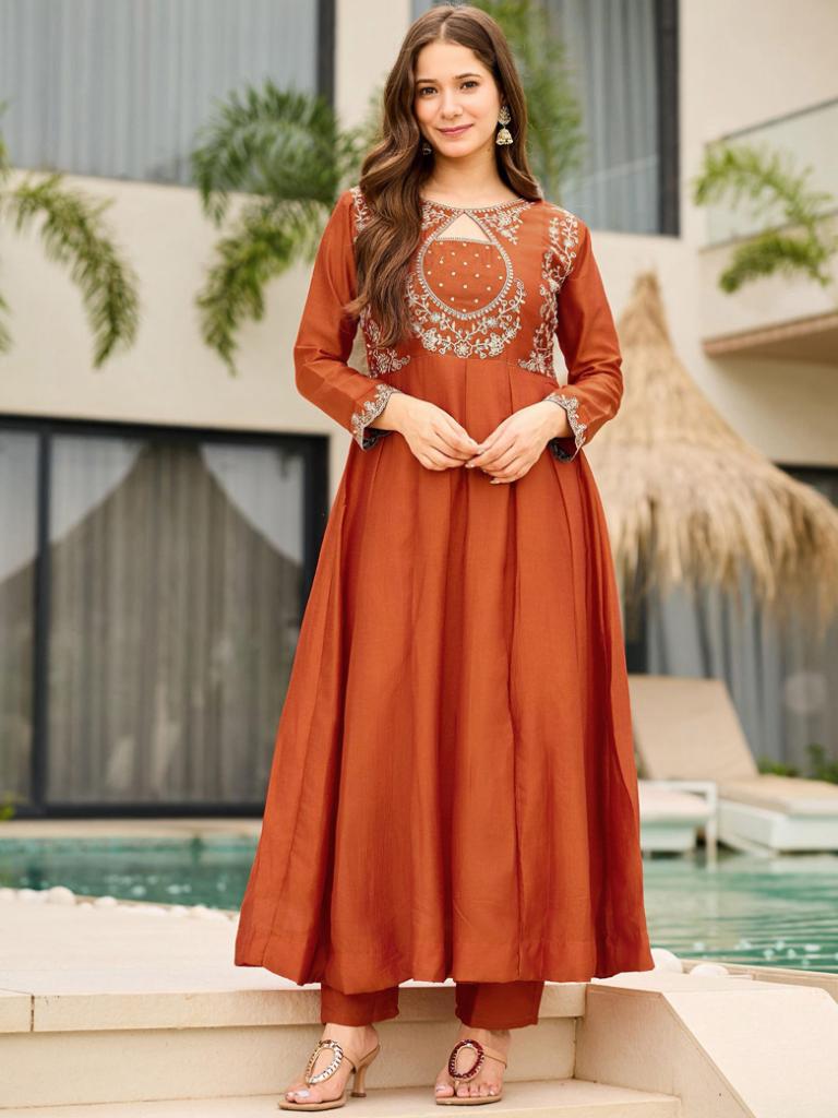Women Rust Orange Embroidered Anarkali Kurta Set