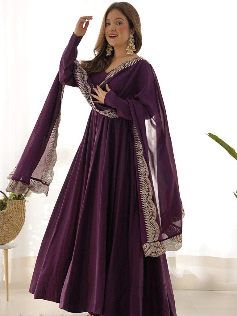 Women Wine Embroidered Anarkali Gown with Dupatta