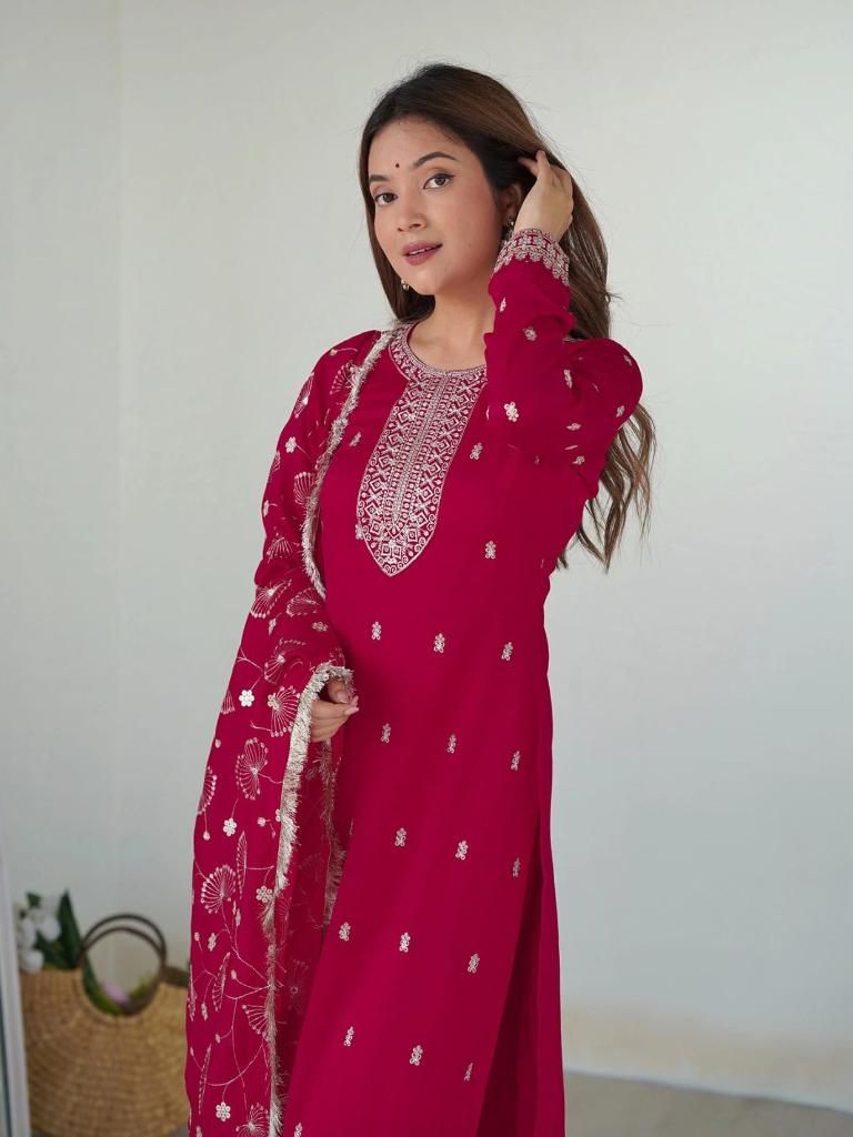 Women Pink Embroidered Kurta Set with Dupatta