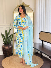 Women’s Light Blue Floral Printed Kurta Set with Dupatta & Pants