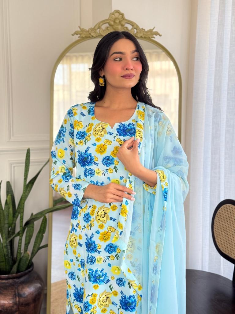 Women’s Light Blue Floral Printed Kurta Set with Dupatta & Pants