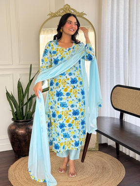 Women’s Light Blue Floral Printed Kurta Set with Dupatta & Pants